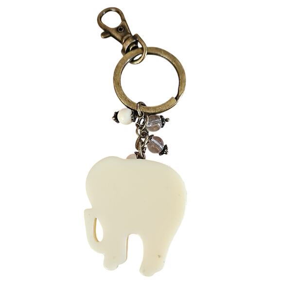 Elegant Elephant Rhinestone Keychain with Cream Beads Purse Beltloop Jewelry - Picture 2 of 6
